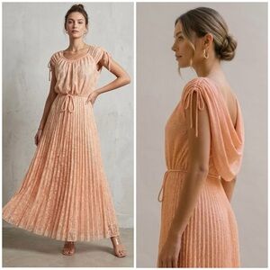 Deadstock 1970s Bari Jay Peach Pleated Maxi Dress Rose Print Cowl Back VTG 11/12